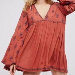 Free People Diamond Embroidered Tunic Dress Top Blouse in Copper Combo Medium